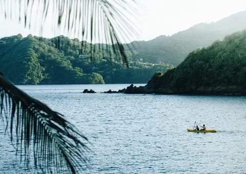 Kayakers on a calm bay below forested hills